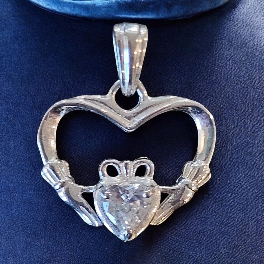 925 Sterling Silver RJ Graziano Heart Irish Claddagh Crystal Pendant Crown Hands